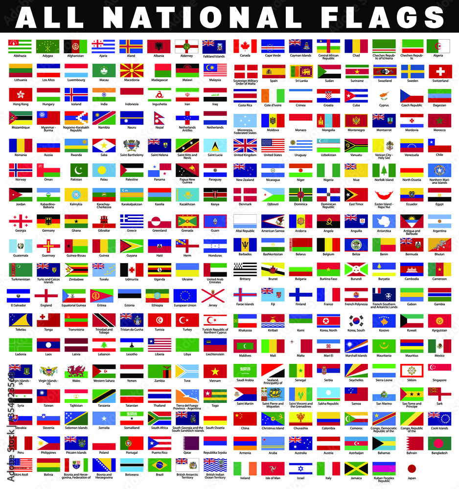 Collection of all national country flags with names flat icon with ...