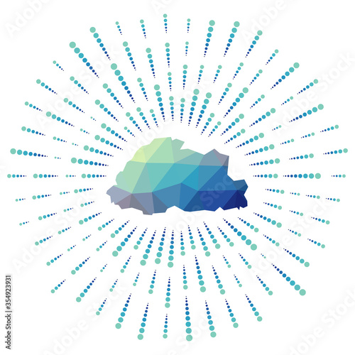 Shape of Bhutan, polygonal sunburst. Map of the country with colorful star rays. Bhutan illustration in digital, technology, internet, network style. Vector illustration.