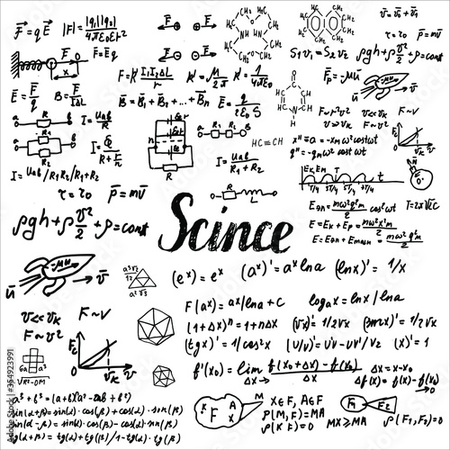 The black Board is covered with scientific formulas and calculations in physics and mathematics. Vector pattern for designing for stands in the field of Science and education. Doodle style.