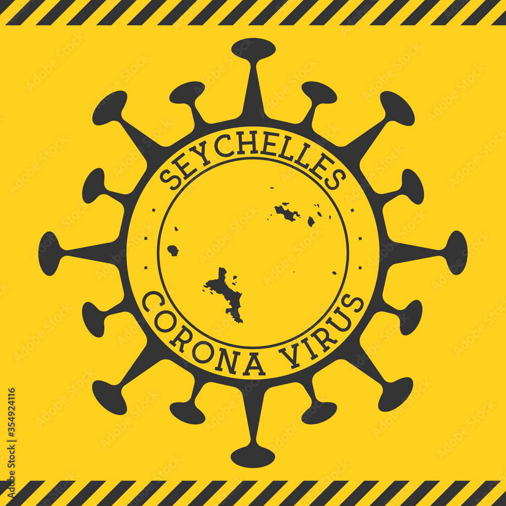 Corona virus in Seychelles sign. Round badge with shape of virus and Seychelles map. Yellow island epidemy lock down stamp. Vector illustration.