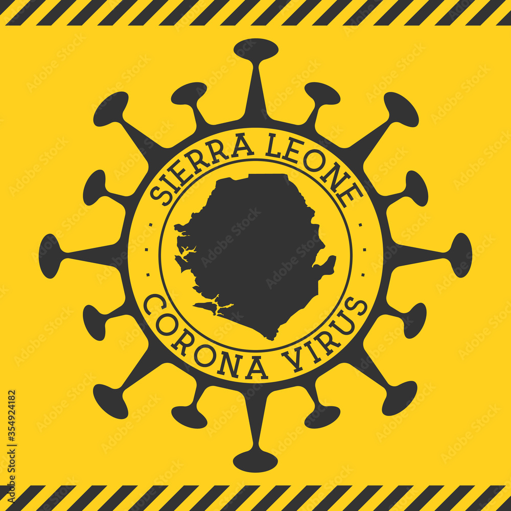 Corona virus in Sierra Leone sign. Round badge with shape of virus and Sierra Leone map. Yellow country epidemy lock down stamp. Vector illustration.