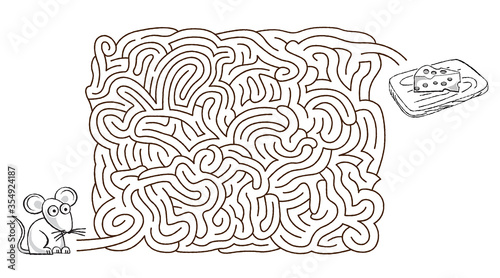 Maze game with mouse and a piece of cheese. Doodle style.