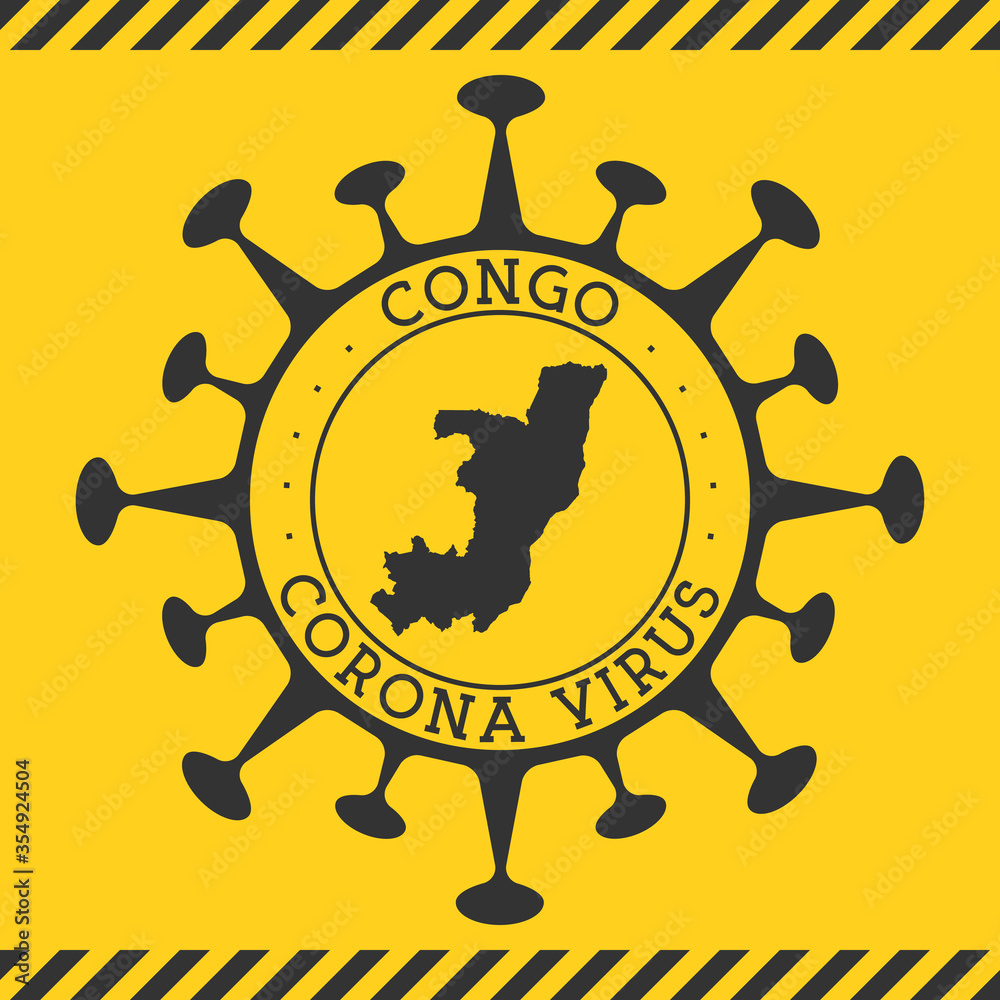 Corona virus in Congo sign. Round badge with shape of virus and Congo map. Yellow country epidemy lock down stamp. Vector illustration.