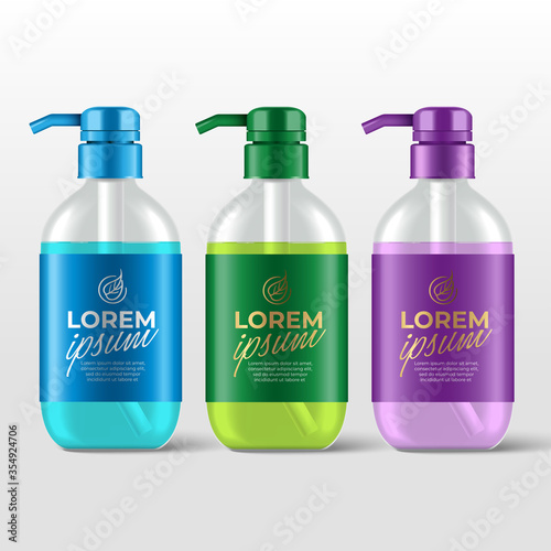 Realistic plastic bottles with pump dispenser for skincare product : shower gel, shampoo, cream or lotion : Vector Illustration