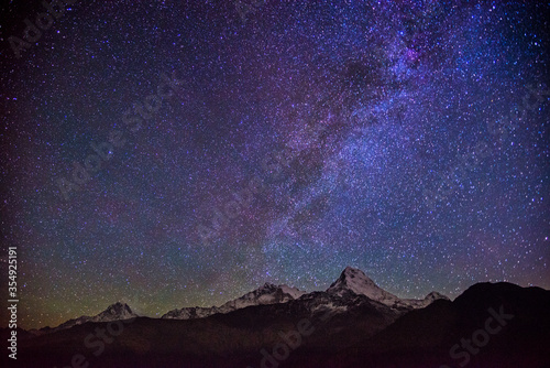 The Milky Way and stars over the Annapurna Mountain Range, Nepal.