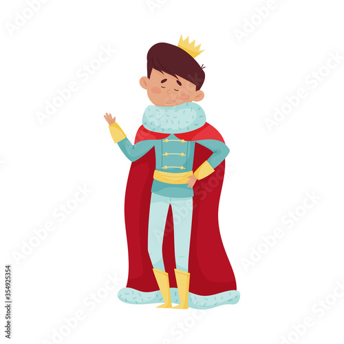 Dark Haired Prince with Golden Crown Wearing Cloak Vector Illustration