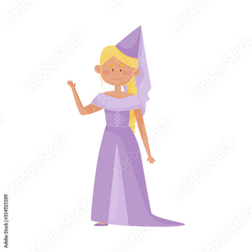 Smiling Princess with Blonde Hair Wearing Cone Shaped Hat and Dressy Look Garment Vector Illustration