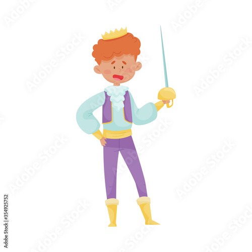 Red Haired Prince with Golden Crown Wearing Dressy Costume Doing Fencing Vector Illustration