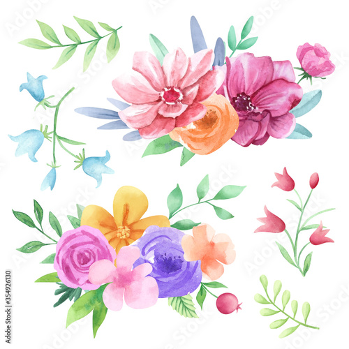 Fototapeta Naklejka Na Ścianę i Meble -  Hand drawn watercolor floral collection. Watercolor flowers, leaves, bouquets
