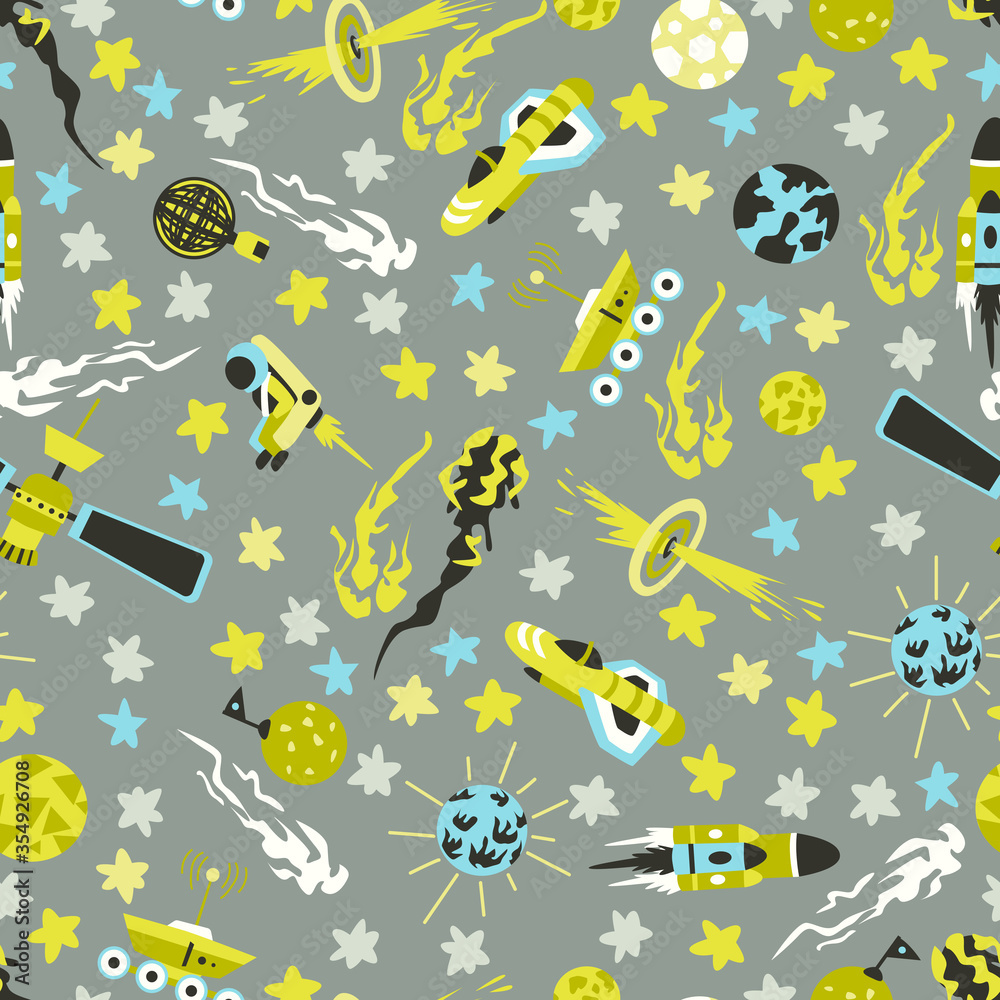 Seamless background with spaceships and stars, Space Pattern