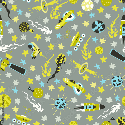 Seamless background with spaceships and stars, Space Pattern