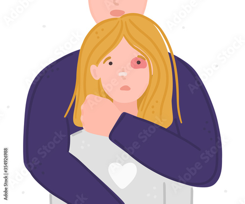 Woman with black eye in hands of man. Aggressor holds tightly scared girl. Concept is for crisis help center or for advocacy for women's rights. Landing page, poster, banner, brochure, . Vector, eps10