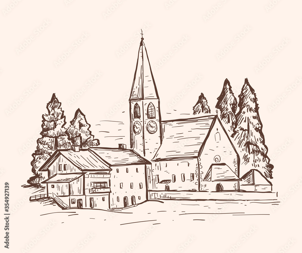 Sketch vector illustration with a church. Italy, Europe. Santa Maddalena. Vintage hand drawn design