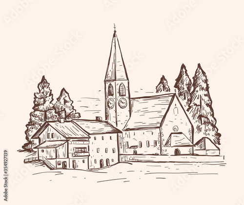 Sketch vector illustration with a church. Italy  Europe. Santa Maddalena. Vintage hand drawn design