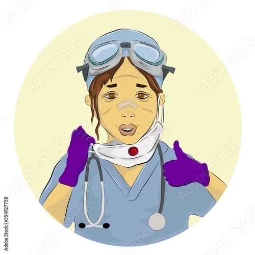 Vector illustration of a female doctor overworked, took her protective mask off, tired but happy during Coronavirus COVID-19 Pandemic Outbreak