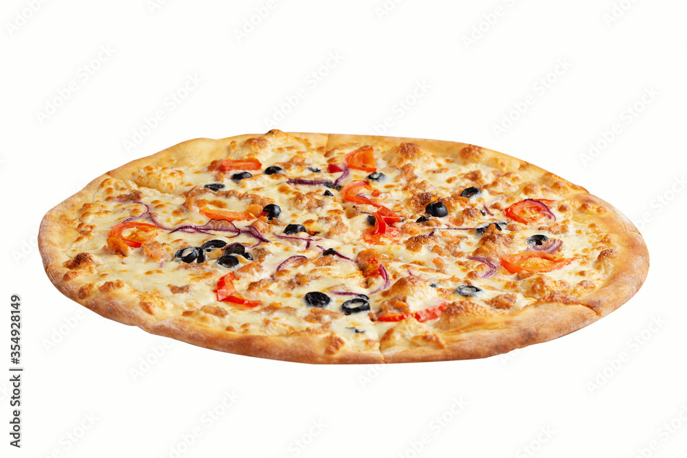 Fresh tasty pizza with mozzarella cheese, olives, paprika, onion and salmon fish meat isolated on white background