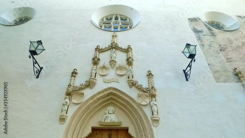 Historic church entrance up view.