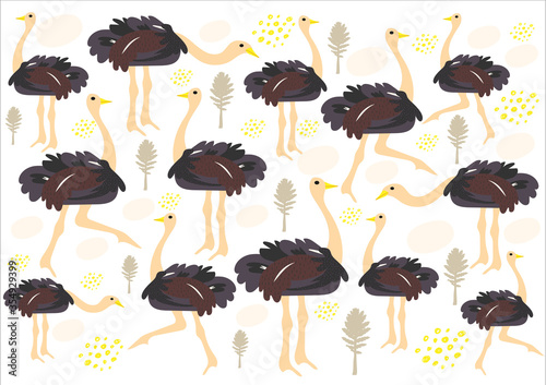 Cute ostrich pattern in cartoon style. Flat vector illustration of African exotic animal. Ornament with ostrich and eggs  isolated on white background