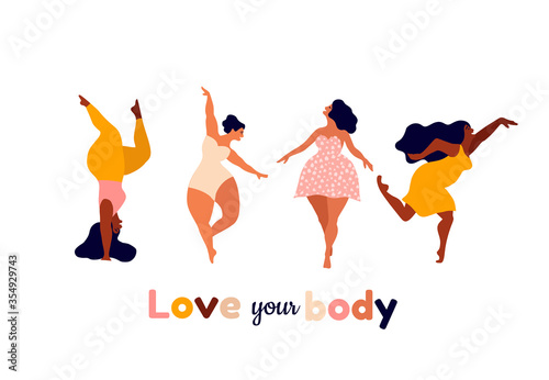 Happy women. Body positive vertical cards. Love yourself, your body lettering type. Female freedom, girl power or international women's day vector illustration.