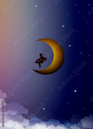 dreamer concept, boy silhouette sitting on the moon swing, your child dream creative idea, vector (ID: 354929785)