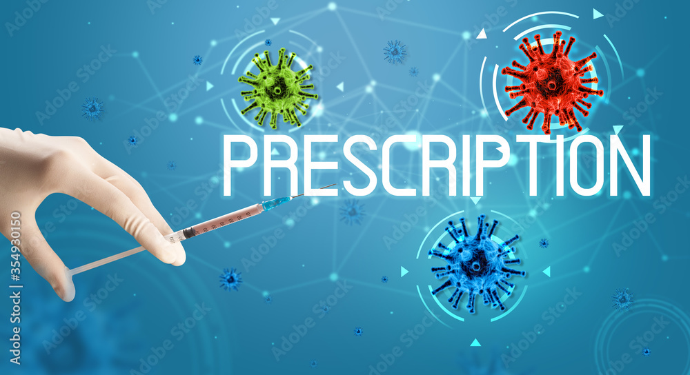 Syringe, medical injection in hand with PRESCRIPTION inscription, coronavirus vaccine concept Syringe, medical injection in hand with PRESCRIPTION inscription, coronavirus vaccine concept