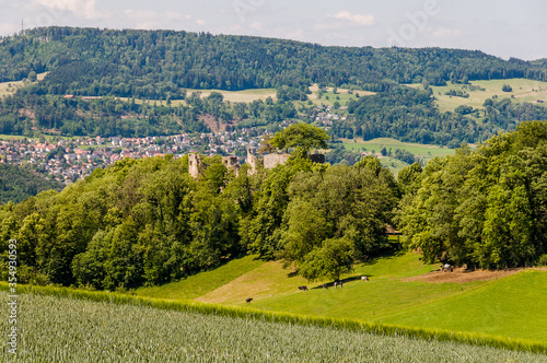 Dornach, Arlesheim Landwirtschaft, Burgruine Dorneck, Ruine, Birstal, Wanderweg, Errmitage, Wald, Aussichtspunkt, Baselland, Sommer, Schweiz photo