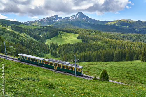 Landscape of Swiss Alps with green nature, meadow and Grindelwald - Kleine Scheidegg train, Bernese Alps, Switzerland.