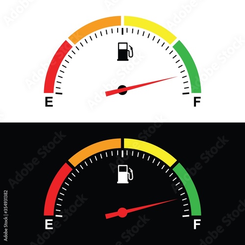 Fuel Gauge, Fuel indicators gas icon isolated on white and black background, Dial of measurement, Petrol level, Indicators on dashboard in auto. Vector