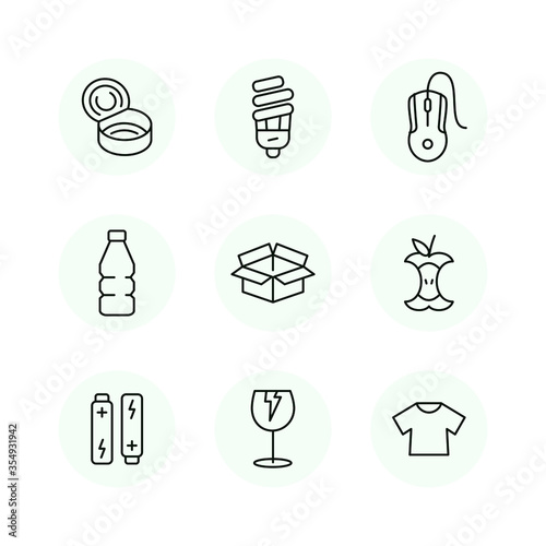 Sorting garbage outline icon set. Recycling, sorting waste. Thin line vector pictogram with editable stroke.