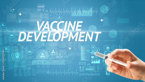 Syringe needle with virus vaccine and VACCINE DEVELOPMENT inscription, antidote concept