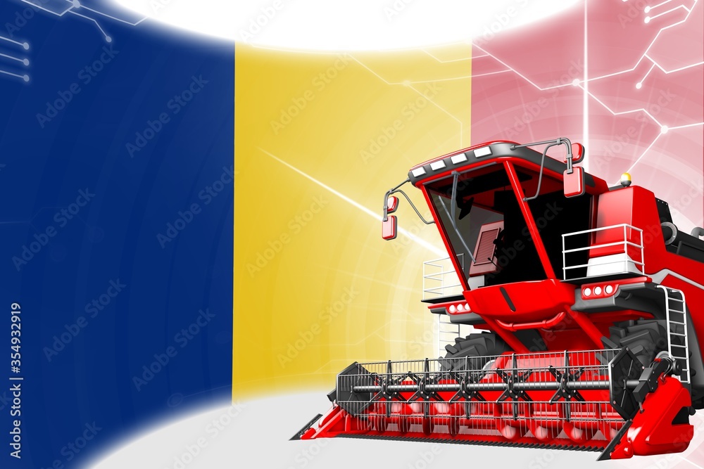 Agriculture innovation concept, red advanced farm combine harvester on Romania flag - digital industrial 3D illustration