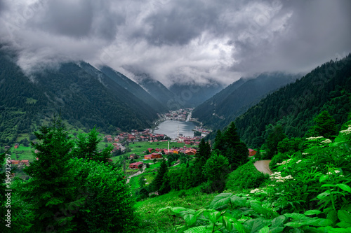 Uzungol lake view (Long lake) top view of the mountains and lake in Trabzon. Popular summer destination for tourists. 