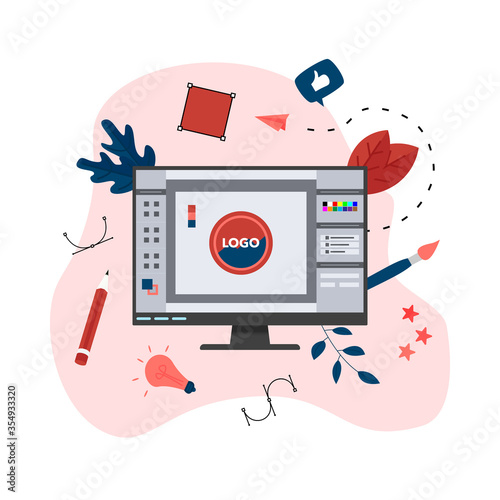 Flat vector graphic design concept with designer with an open design application with a creative project	
