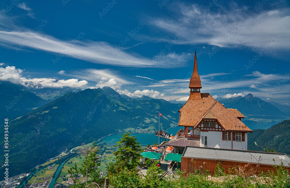 Harder Kulm viewpoint of Swiss Alps with background of Lake Thun (Thunersee) and high mountainss, Interlaken, Switzerland