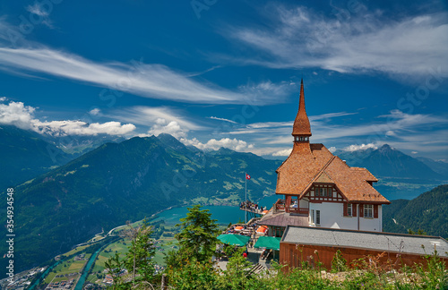 Harder Kulm viewpoint of Swiss Alps with background of Lake Thun (Thunersee) and high mountainss, Interlaken, Switzerland