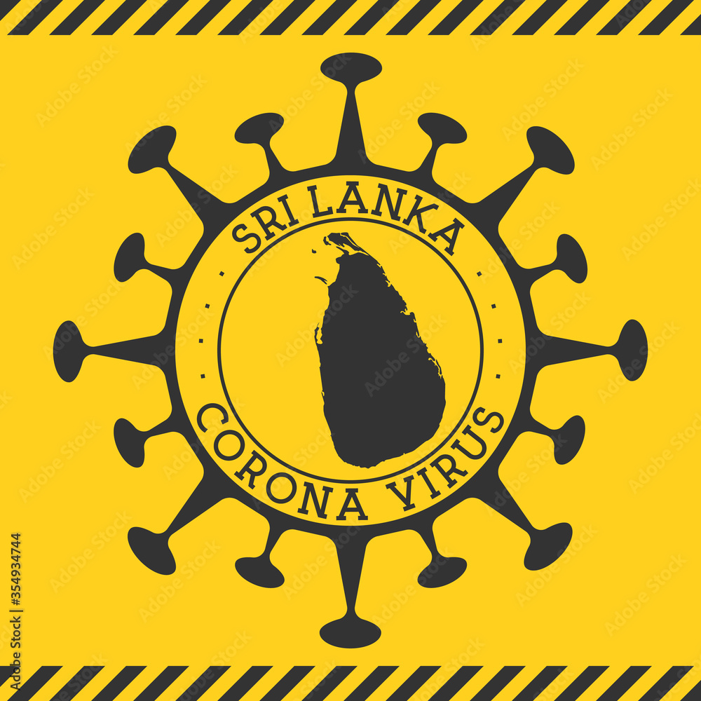 Corona virus in Sri Lanka sign. Round badge with shape of virus and Sri Lanka map. Yellow country epidemy lock down stamp. Vector illustration.