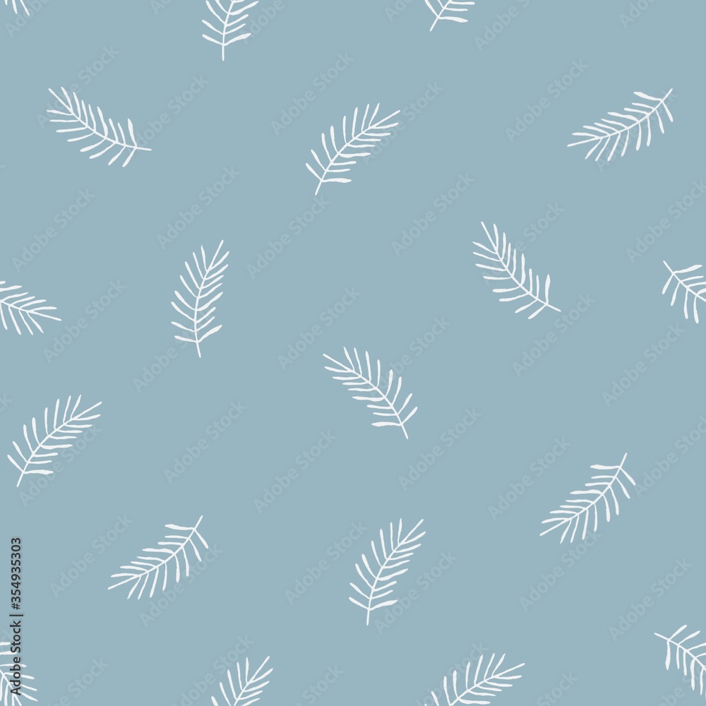 blue background with white twigs. seamless pattern with fir branches. illustration for print. blue background with white twigs. seamless pattern with fir branches. illustration for print.