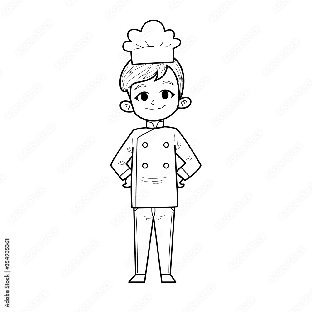 Cute Hand Drawn Outline or Line Drawing of Smiling and Happy Young Man Chef Wearing Uniform. Suitable For Coloring Book, Children or Activity Book, Mascot, Character. Cartoon Illustration. Doodle. Cute Hand Drawn Outline or Line Drawing of Smiling and Happy Young Man Chef Wearing Uniform. Suitable For Coloring Book, Children or Activity Book, Mascot, Character. Cartoon Illustration. Doodle.