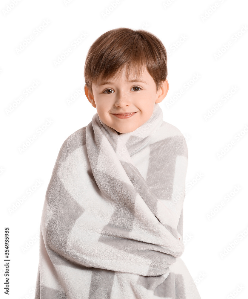 Little boy wrapped in plaid on white background Little boy wrapped in plaid on white background