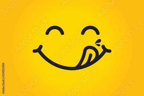 Yummy face smiley delicious with tongue lick mouth  tasty food eating emoticon face on yellow background  smile vector cartoon line style  vector icon illustration