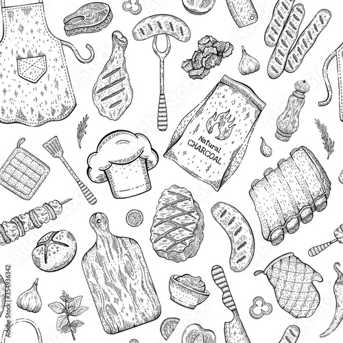 BBQ Seamless Pattern. Barbecue background in sketch style with grill vector food. Meat steak, beef kebab, fish, sausage, rib. Barbeque doodle hand drawn illustration. Restaurant menu with vintage icon