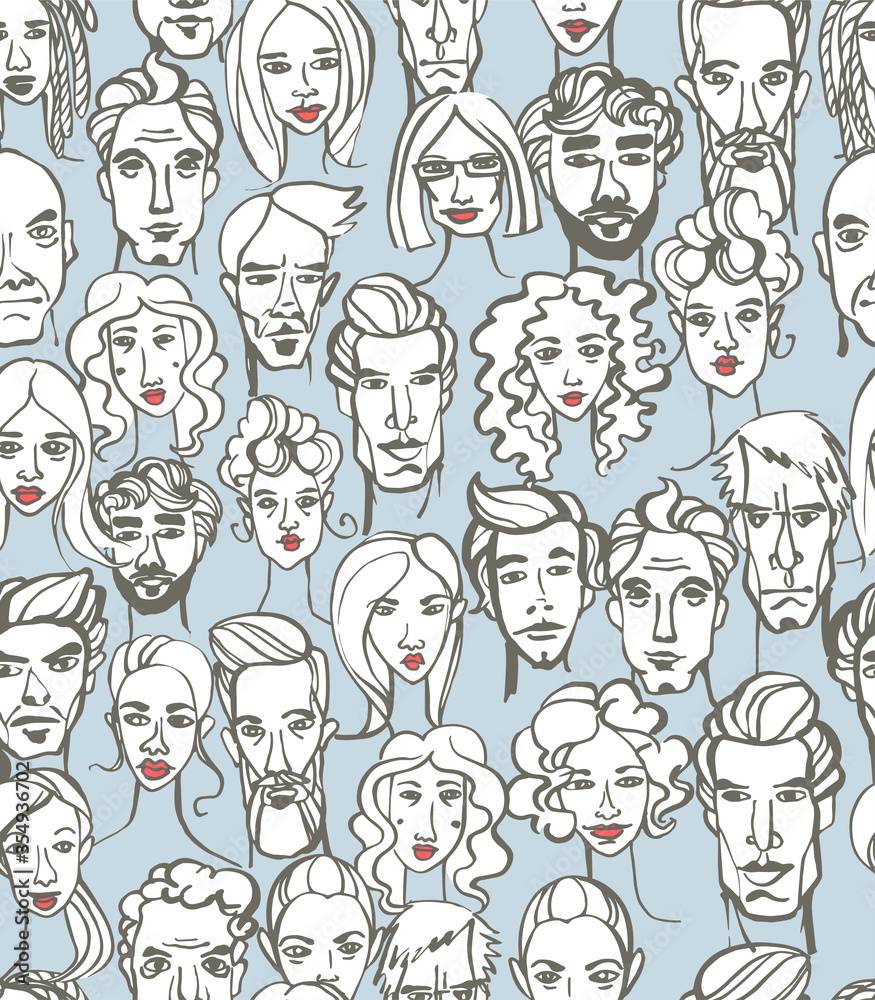 Seamless pattern of female and male doodle hand drawn portraits.