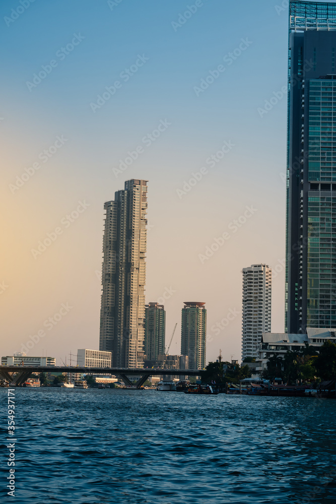 View of Chao Phraya River . Shows water transport.