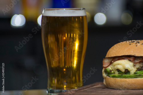 glass of beer and hamburger