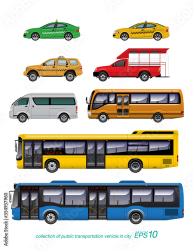 VECTOR EPS10 - set of public transportation vehicle in city, taxi, van, bus, template design for right steering wheel car. isolated on white background.