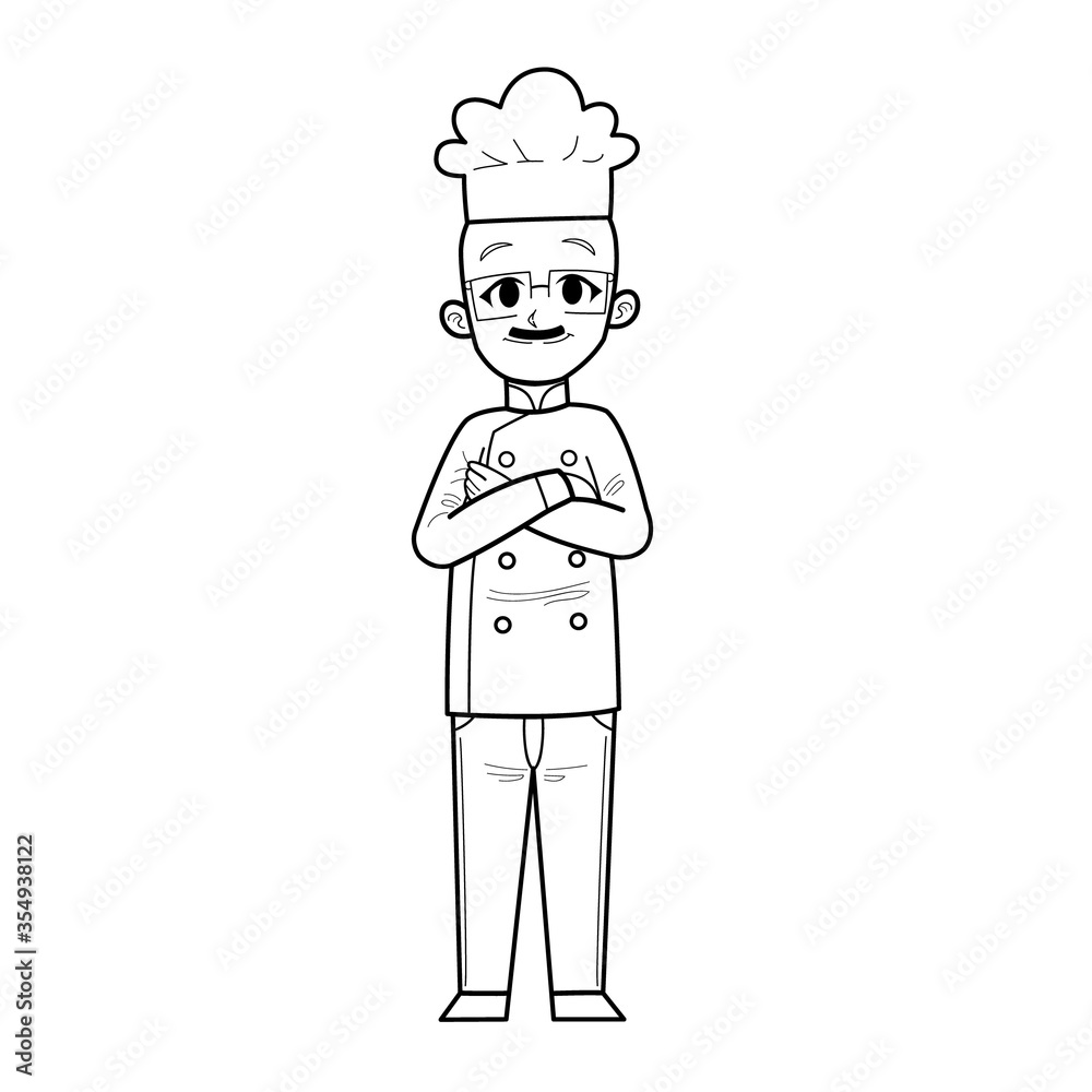 Cute Hand Drawn Outline or Line Drawing of Smiling Happy People Chef Wearing Uniform With Bald Head, Mustache and Glasses. Suitable For Coloring Children Book, Mascot, Character. Cartoon Illustration.
