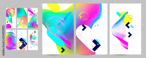 Summer posters for social media and music fest flyer music fest set. Fluid holographic gradient shape and line. Stock vector eps 10