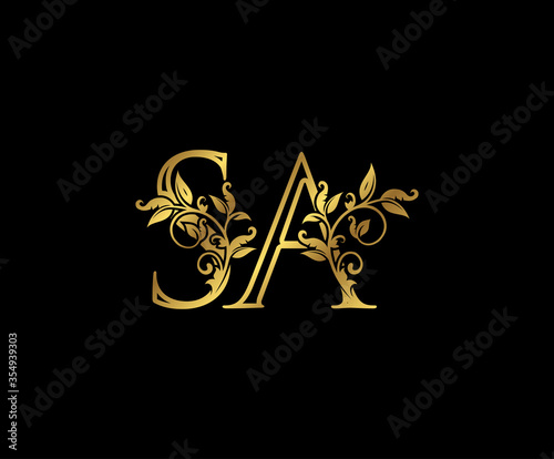 Luxury Gold letter S, A and SA Vintage decorative ornament letter stamp, wedding logo, classy letter logo icon.