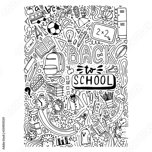 Back to school doodle style illustration. School bus, bagpack, pencil, rocket, sneaker, schoolboard etc.