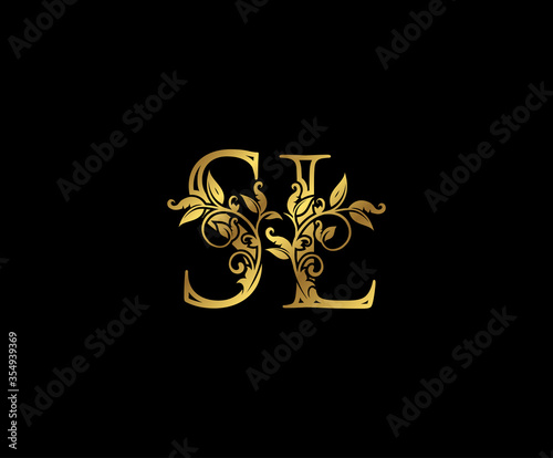 Luxury Gold letter S, L and SL Vintage decorative ornament letter stamp, wedding logo, classy letter logo icon.